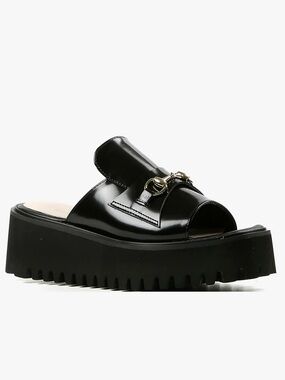 🆕{All Black} Link Flatform Slide Sandals with Gold Bit Detail